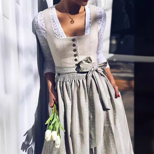 Damen Dirndl Kleid Midi Quadratischer Ausschnitt Blau - Eveloria