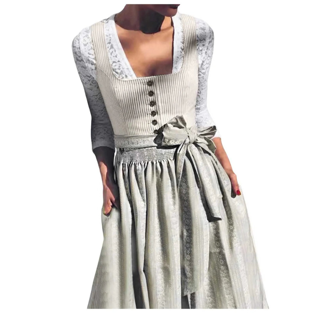 Damen Dirndl Kleid Midi Quadratischer Ausschnitt Blau