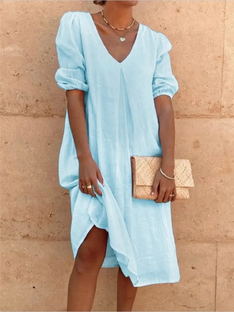 Damen Midi Sommerkleid V-Ausschnitt Puffärmel