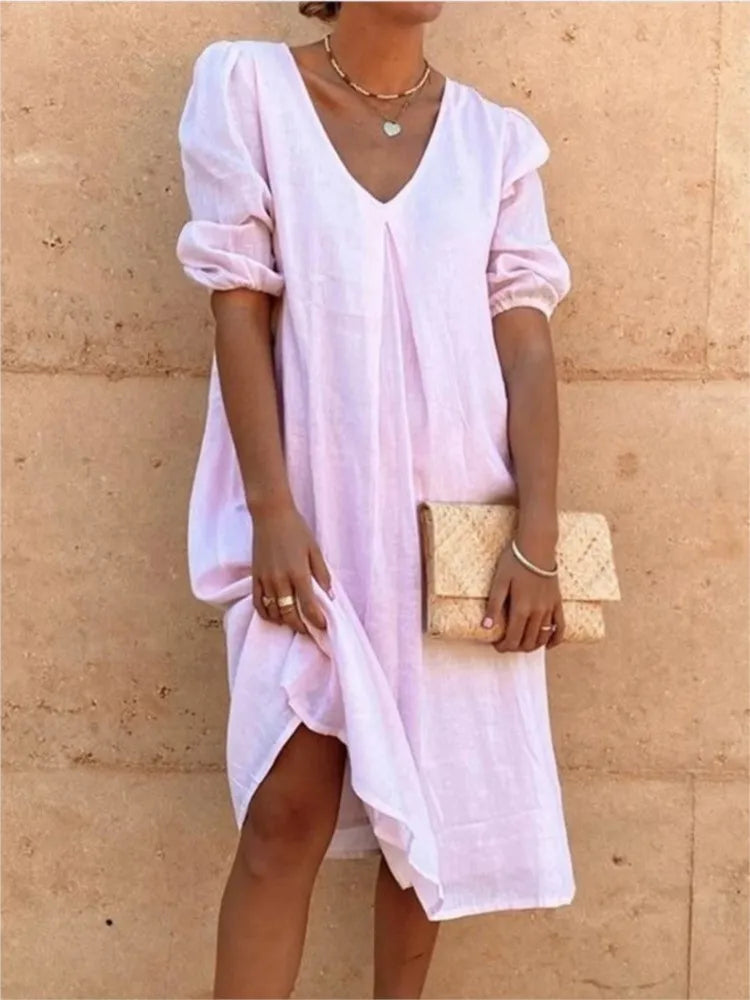 Damen Midi Sommerkleid V-Ausschnitt Puffärmel