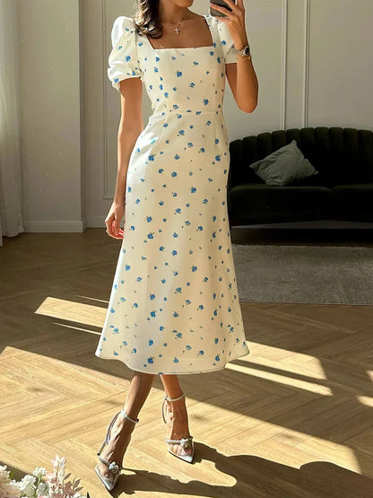 Eveloria Damen Midi-Kleid Rechteck-Ausschnitt Sommerkleid