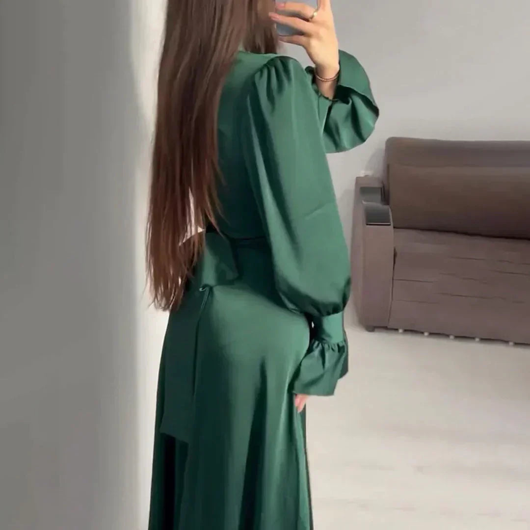 Damen Maxikleid Dunkelgrün Satin Stehkragen Puffärmel