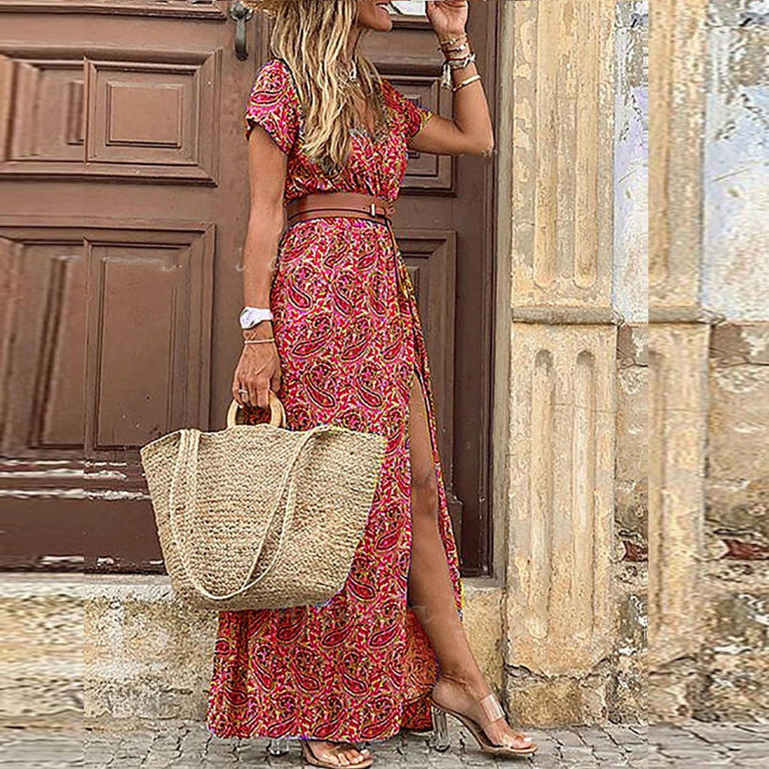 Boho Damen Maxikleid V-Ausschnitt Beinschlitz Bindegürtel Sommer