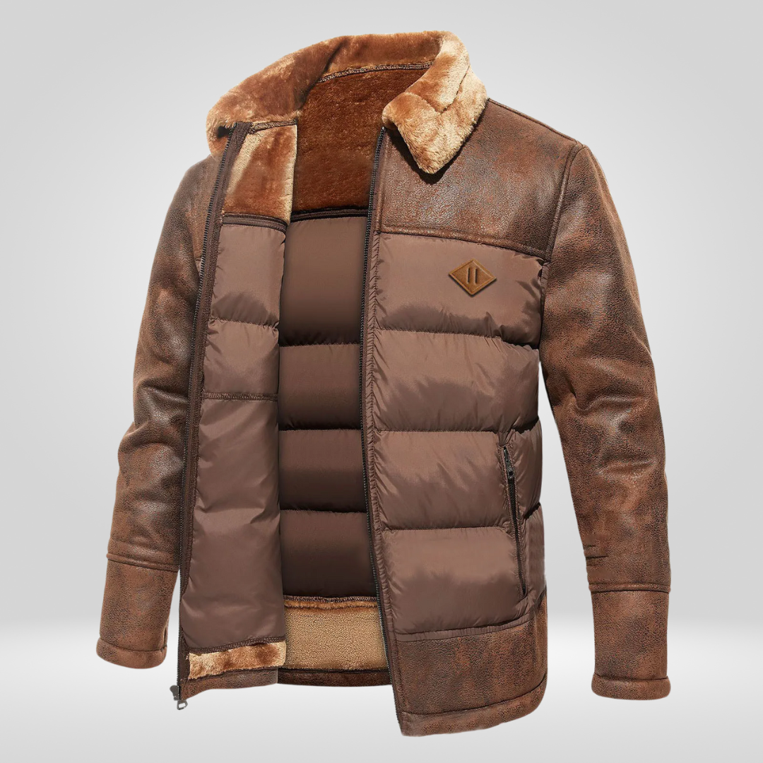 Daunenjacke – mit Reißverschluss – Pelzkragen – Winterlederjacke – Winterjacke für Männer-Braun-S-Chaps Herrenmode