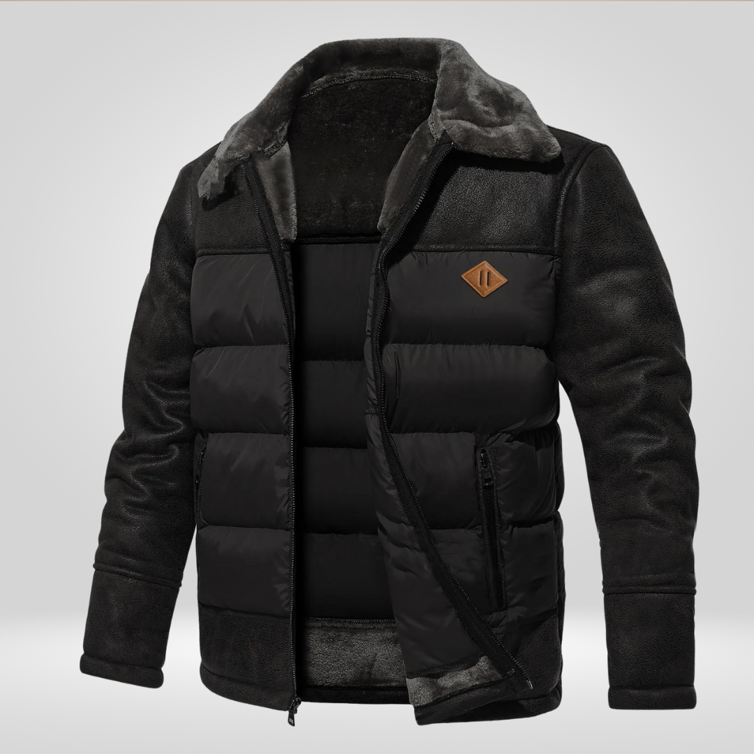 Daunenjacke – mit Reißverschluss – Pelzkragen – Winterlederjacke – Winterjacke für Männer-Chaps Herrenmode