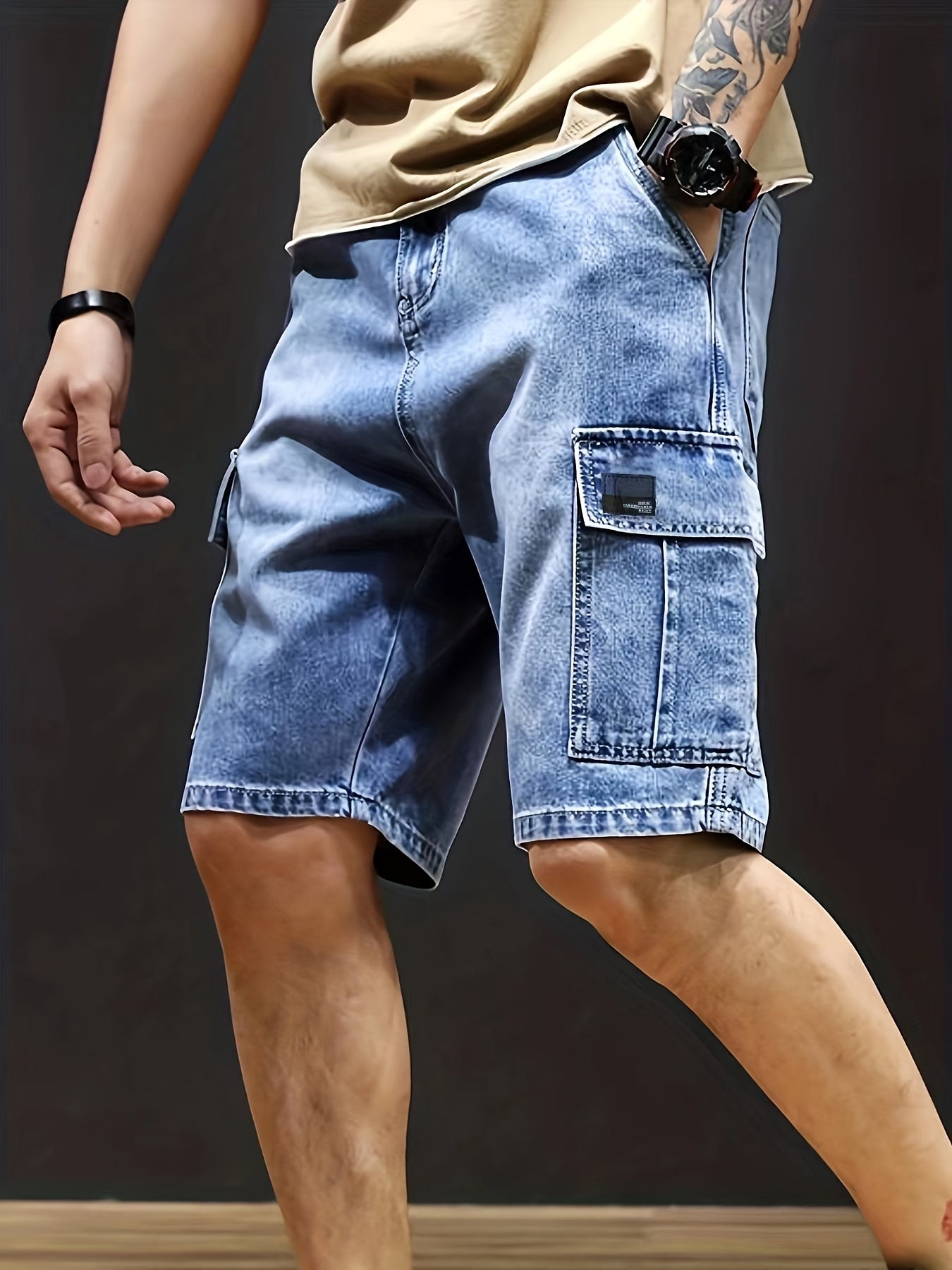 Herren Denim Cargo Shorts Stretch Denim Beige - Eveloria