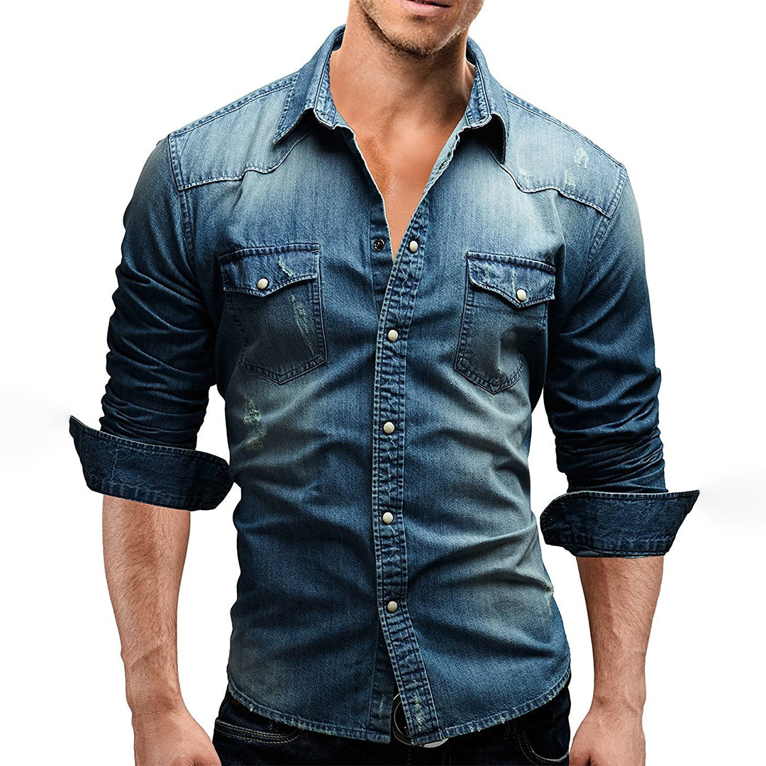 Denim Hemd - Herren Slim Fit Langarm Hemd mit Knopfleiste-Chaps Herrenmode