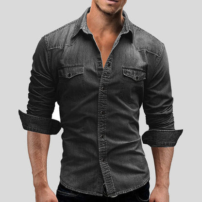 Herren Slim Fit Denim Hemd Langarm mit Knöpfen Blau - Eveloria