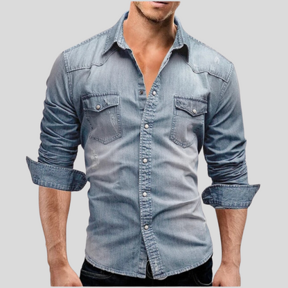 Herren Denim Hemd Slim Fit Langarm Blau - Eveloria