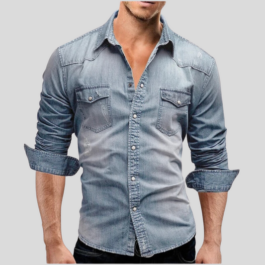 Herren Denim Hemd Slim Fit Langarm Blau - Eveloria