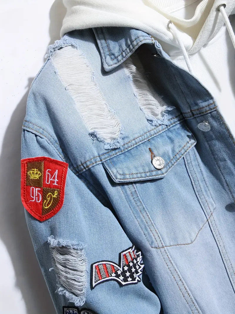 Denim Jacket - Casual - Hellblau - Jeansjacke mit Patches - Herrenjacke-Chaps Herrenmode