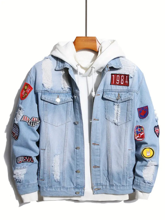 Herren Denimjacke Hellblau Mit Patches - Eveloria