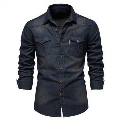 Denim Shirt | Button-Up | Collared | Langarmhemd | Herrenhemd-Marineblau-S-Chaps Herrenmode