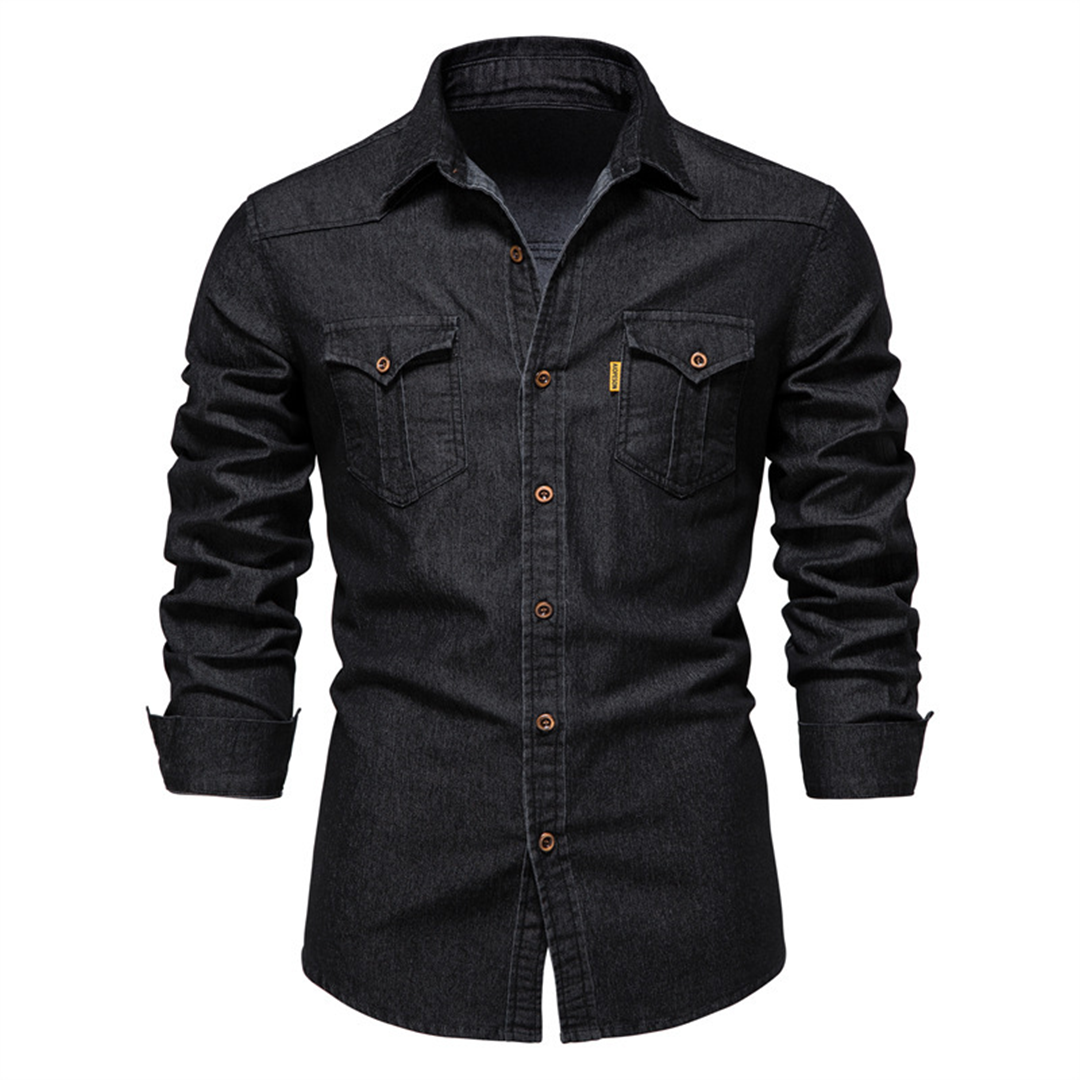 Herren Denim Langarmhemd mit Knöpfen und Kragen - Eveloria