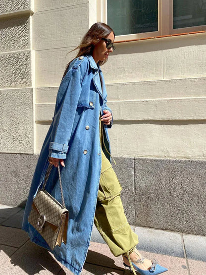 Damen Langer Jeans-Trenchcoat mit Gürtel