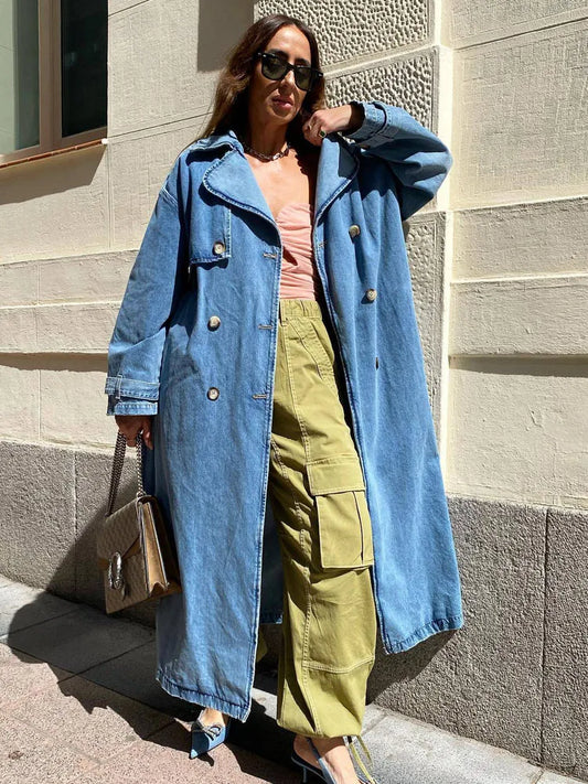 Damen Langer Jeans-Trenchcoat mit Gürtel - Eveloria