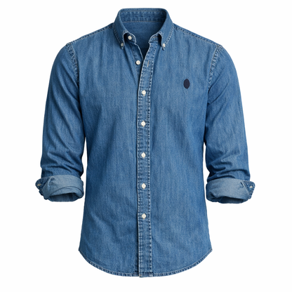 Herren Denim Hemd Langarm Kentkragen Jeansblau