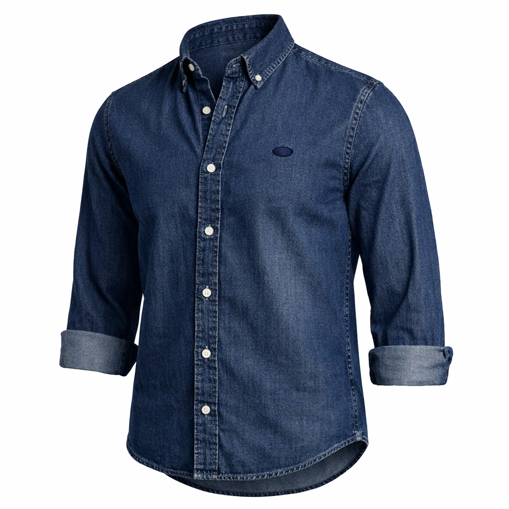 Herren Denim Hemd Langarm Kentkragen Jeansblau
