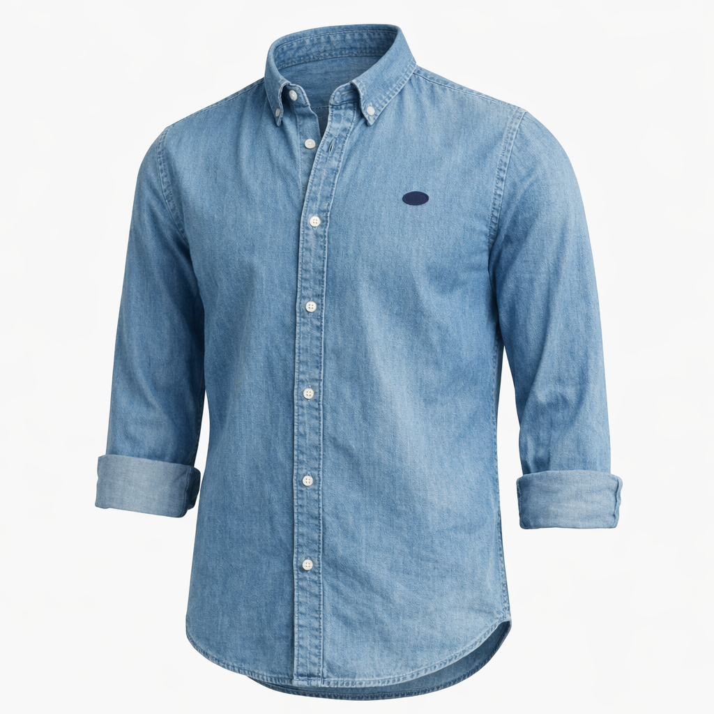 Herren Denim Hemd Langarm Kentkragen Jeansblau