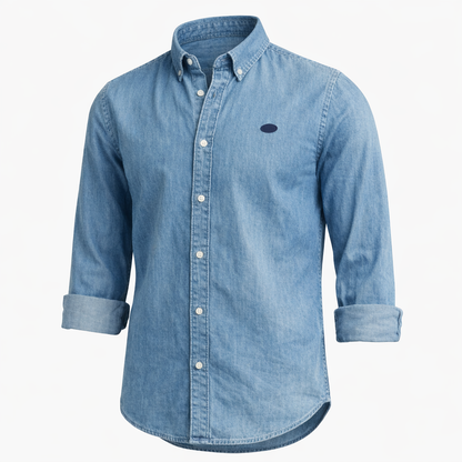Herren Denim Hemd Langarm Kentkragen Jeansblau