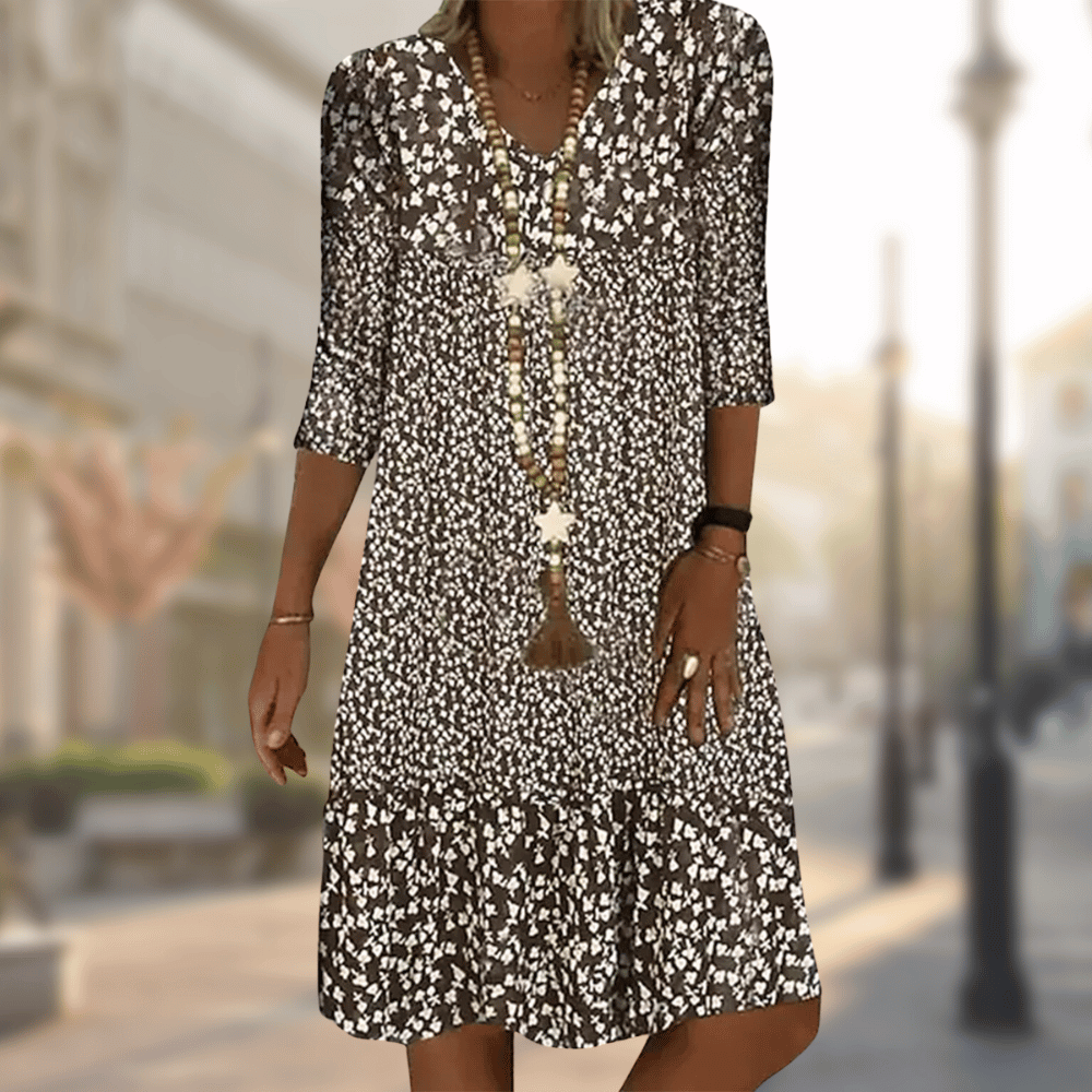 Damen Sommerkleid V-Ausschnitt Halbärmel Leicht Beige