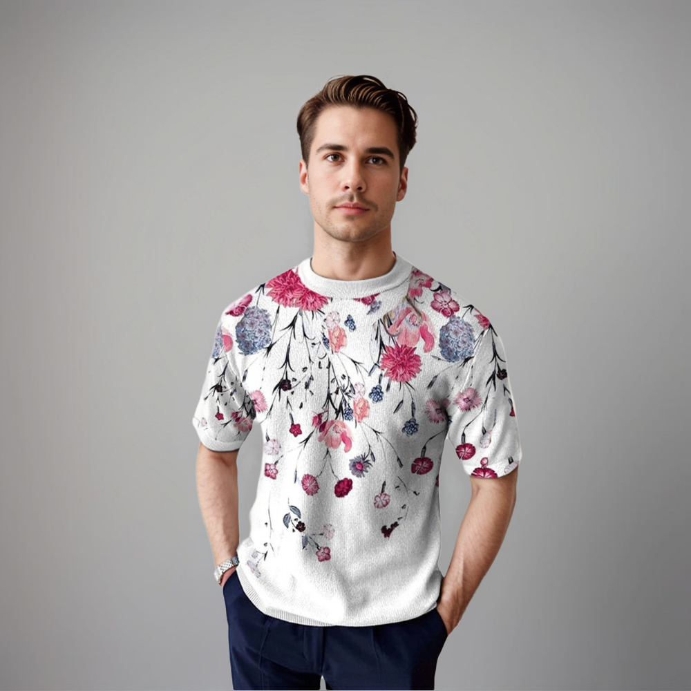 Herren Kurzarmshirt Floralmuster Baumwolle Blau
