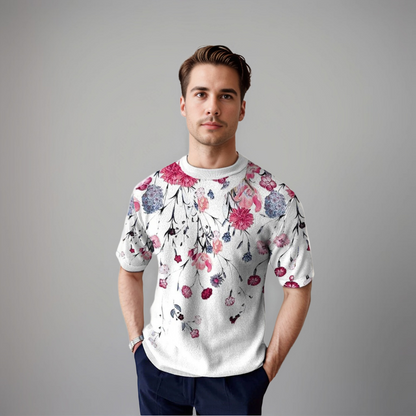 Herren Kurzarmshirt Floralmuster Baumwolle Blau