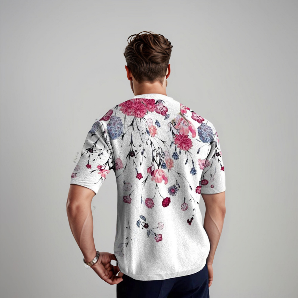 Herren Kurzarmshirt Floralmuster Baumwolle Blau