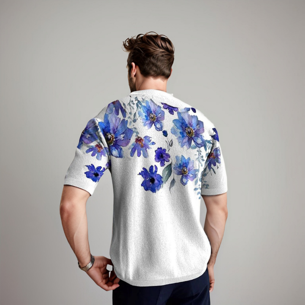 Herren Kurzarmshirt Floralmuster Baumwolle Blau