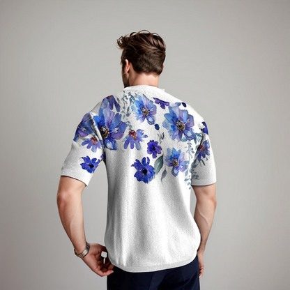 Herren Kurzarmshirt Floralmuster Baumwolle Blau