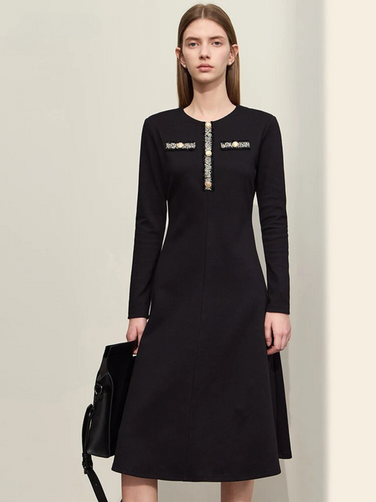 Damen Midikleid Rundhalsausschnitt Goldene Knöpfe - Eveloria