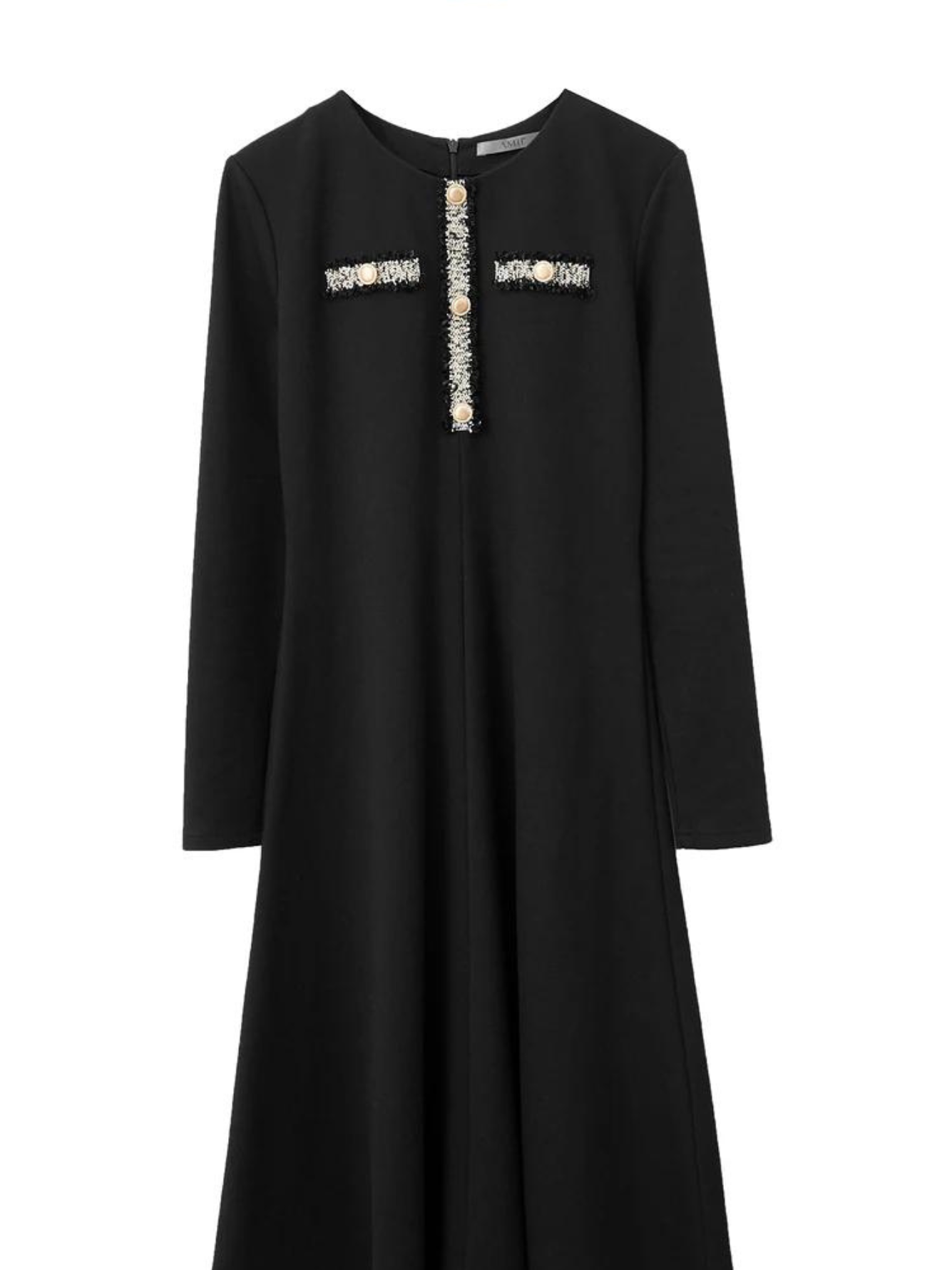 The dress has long, fitted sleeves and an a-line silhouette. The bodice showcases a gold embroidery design with buttons. 