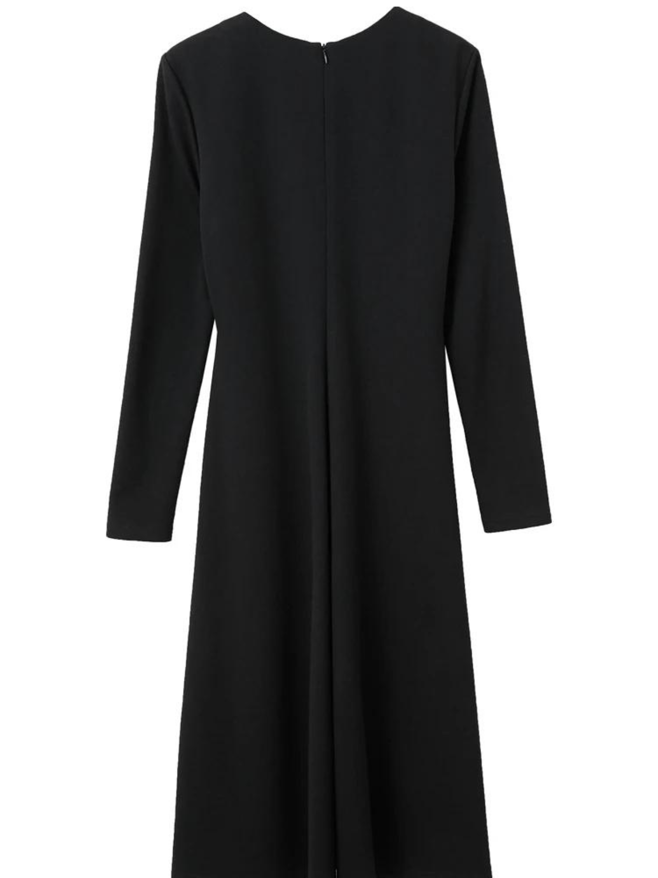 The back side of a dress that has long, fitted sleeves and an a-line silhouette.