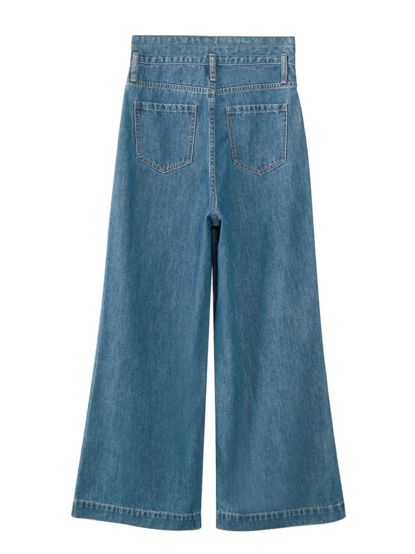 the Back side of a pair of retro inspired, wide leg, ankle length, jeans a cinched waist design against a plain white background.