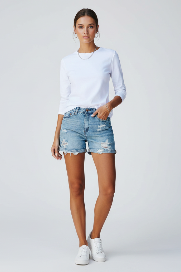 Damen Shorts Distressed Optik Fransen Saum