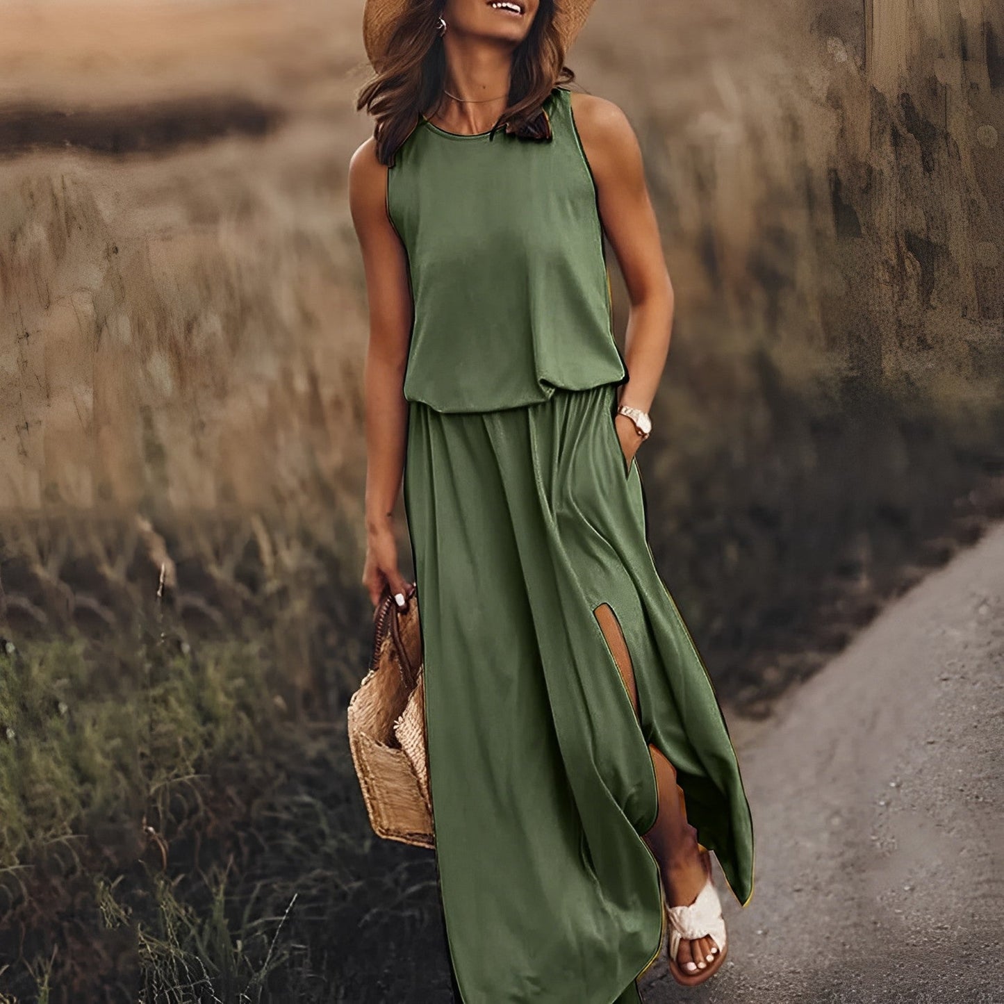 Damen Ärmelloses Maxikleid Rundhalsausschnitt Bequem Sommer