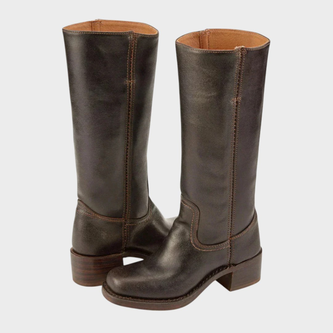 Damen Stiefel Knielang Robust Lederoptik Schwarz - Eveloria