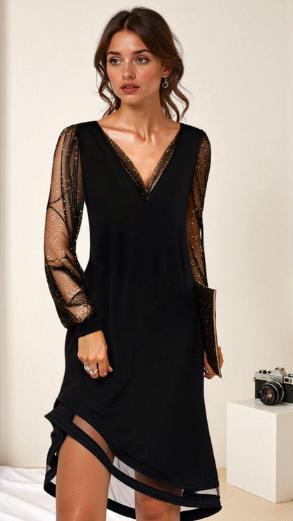 Damen Mini Abendkleid Glitzernd Langarm - Eveloria