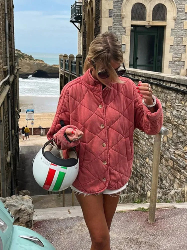 Damen Leichte Steppjacke Mit Knöpfen Solide Farbe