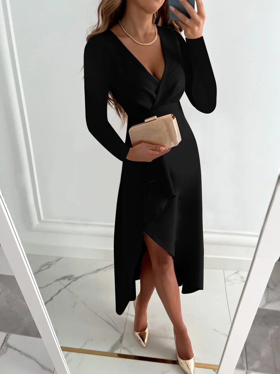 Damen Midi-Kleid V-Ausschnitt Schlitz Etui-Design