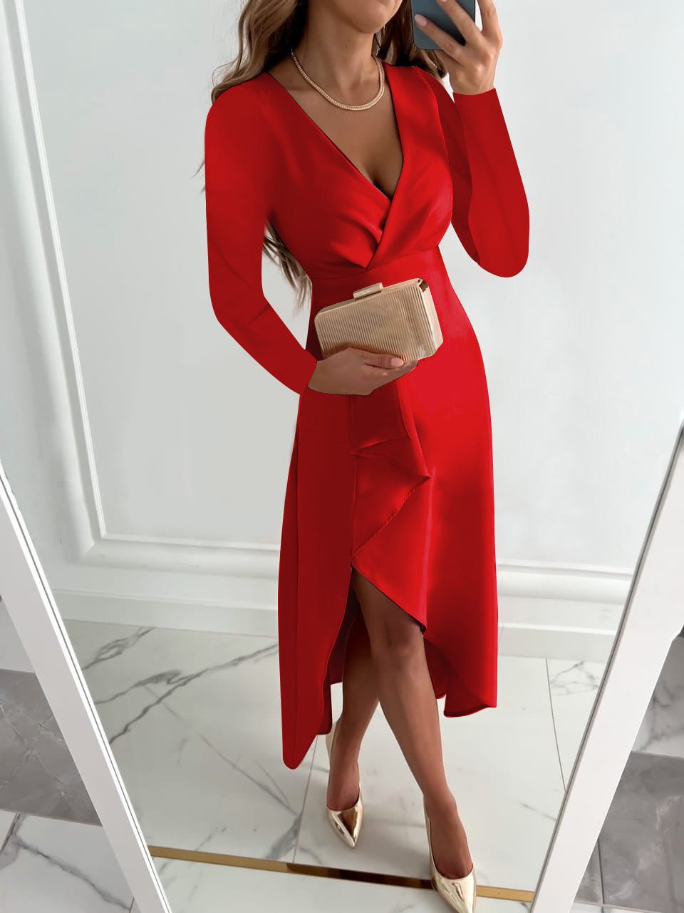 Damen Midi-Kleid V-Ausschnitt Schlitz Etui-Design