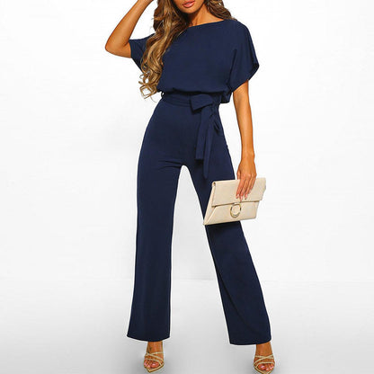 Damen Lässiger Kurzarm-Jumpsuit mit Gürtel