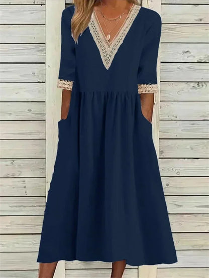 Damen Kleid Spitzenverzierung Halbärmel
