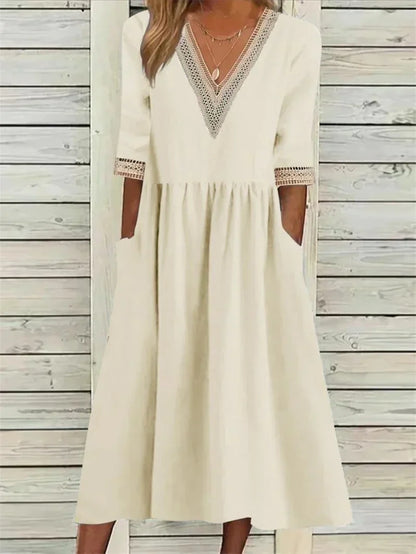 Damen Kleid Spitzenverzierung Halbärmel