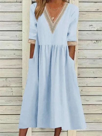 Damen Kleid Spitzenverzierung Halbärmel