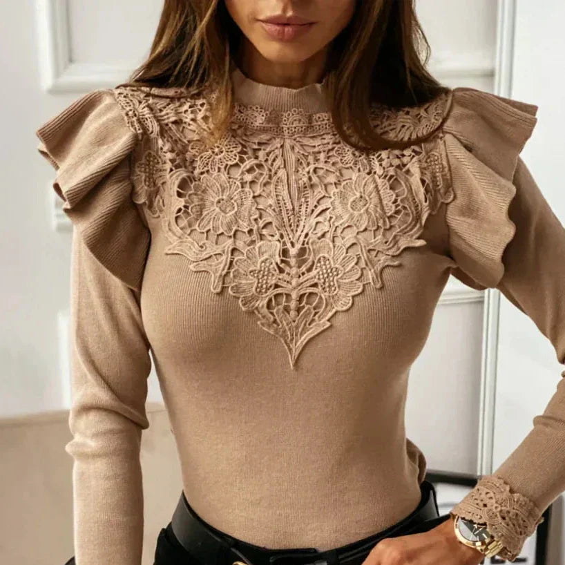 Damen Pullover Rollkragen Rüschen Spitze Beige - Eveloria