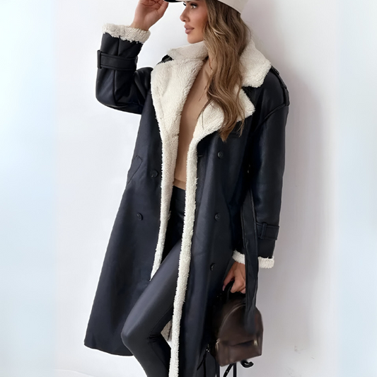Eveloria Damen Winterjacke PU-Leder Fleece Schwarz - Eveloria