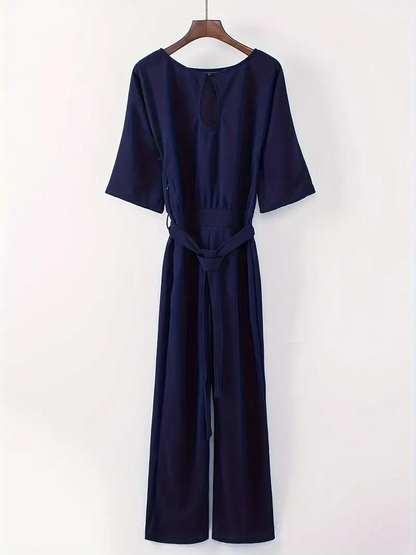 Damen Jumpsuit Weite Beinform Dreiviertelärmel Elegante Passform