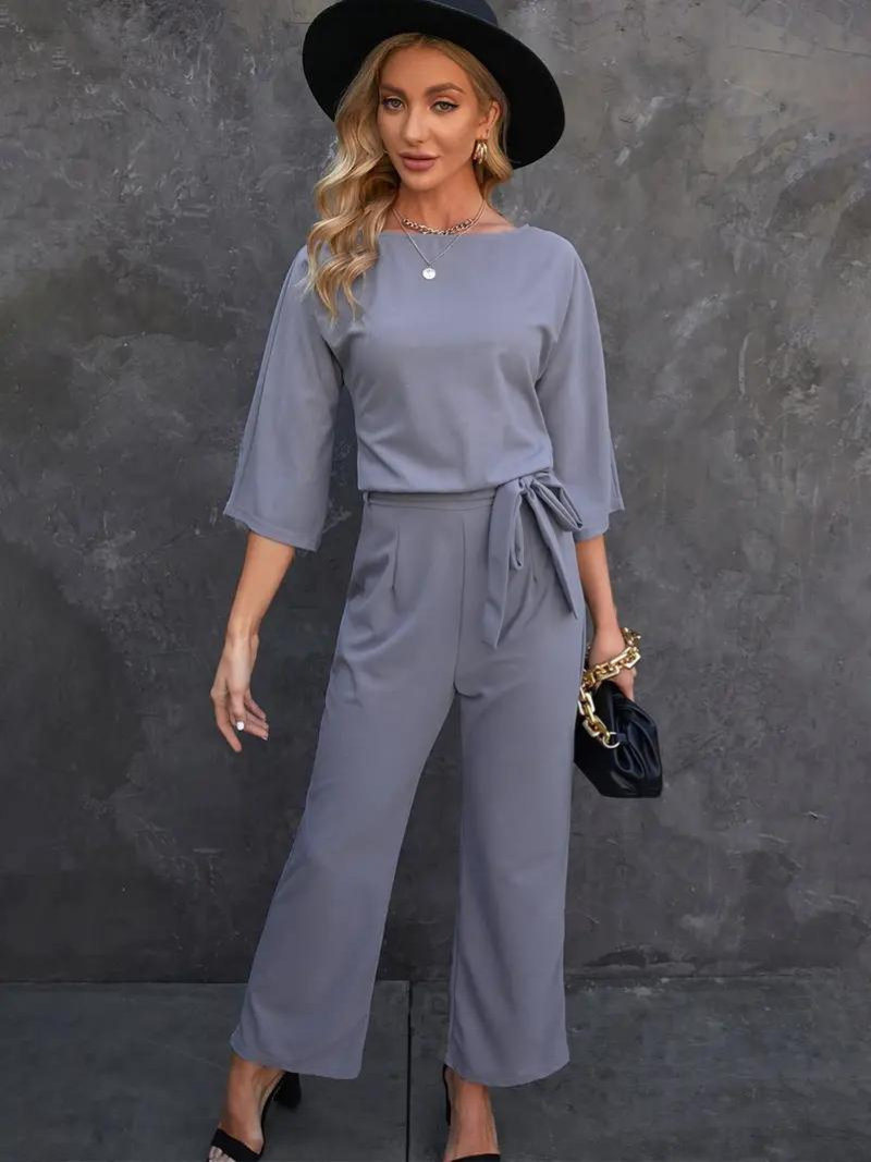 Damen Jumpsuit Weite Beinform Dreiviertelärmel Elegante Passform