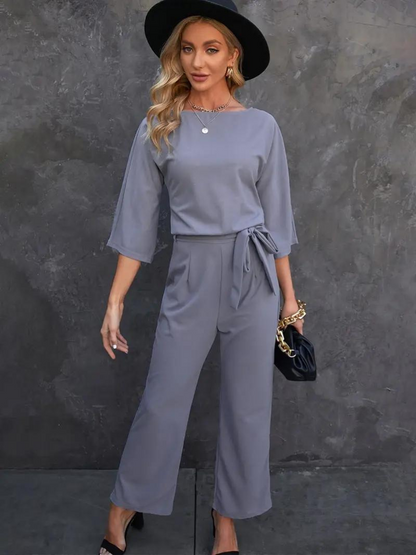 Damen Jumpsuit Weite Beinform Dreiviertelärmel Elegante Passform